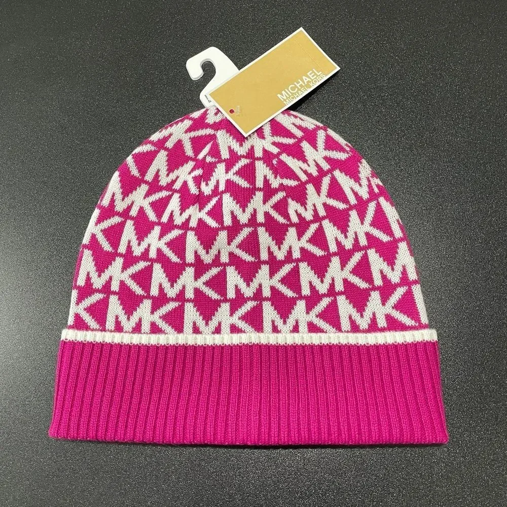 NEW Michael Kors MK Logo Beanie Dark Sangria Pink White Monogram Knit Hat‎